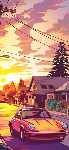 Illustrierter oranger Porsche 911 auf einer Straße vor Häusern bei einem leuchtenden Sonnenuntergang im Comic-Stil als Handy Hintergrundbild.