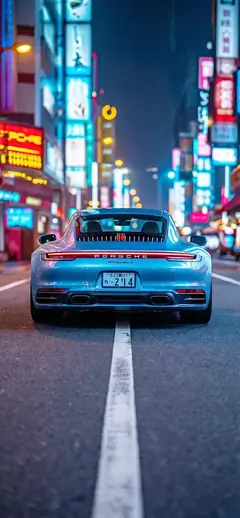 Entdecke dieses cineastische Hintergrundbild eines Porsche 911 Turbo S in einer Neonstadt. Perfektes Nacht-Wallpaper mit Reflexionen für dein Smartphone.