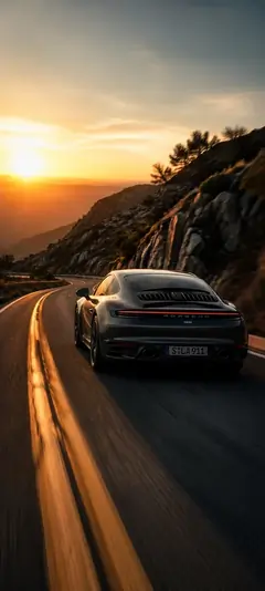 schwarzer porsche auf einer bergstraße bei sonnenuntergang als porsche hintergrundbilder und schöne hintergrundbilder in 4k.