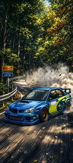 Blaues Rallye Auto driftet auf einer kurvigen Waldstraße mit Staubwolken und Sonnenlicht als vertikales Handy Wallpaper