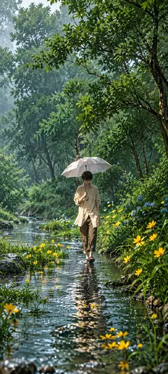 Person mit transparentem Regenschirm auf einem überfluteten Waldweg zwischen grünen Bäumen und gelben Wildblumen als Natur Hintergrundbild