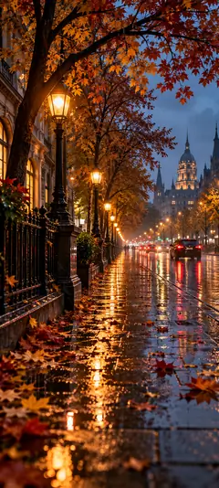 Regnerische Stadtstraße im Herbst mit orangefarbenen Blättern, Straßenlaternen und Spiegelungen auf nassem Asphalt als 4K Hintergrundbild