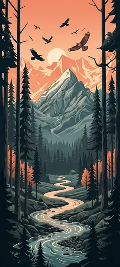 Retro Berglandschaft mit Wald, Fluss und hohen Bergen in ästhetischer hintergrundbilder Naturkulisse.