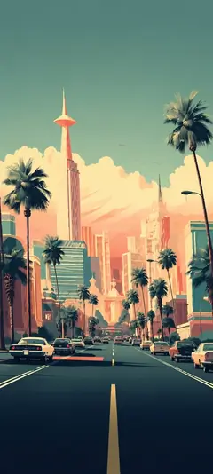 retro miami city wallpaper mit palmenstraße und futuristischer skyline als iphone hintergrundbilder und vaporwave wallpaper in 4k.
