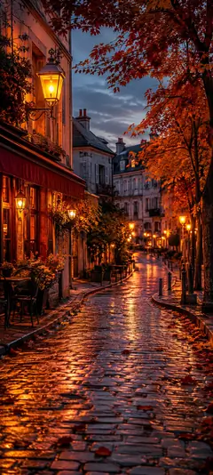 Herbst Hintergrundbilder mit beleuchteter Altstadtstraße, nassem Kopfsteinpflaster, orangefarbenen Herbstblättern und warmen Laternen am Abend.