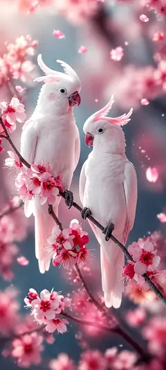 Zwei weiße Kakadus auf rosa Kirschblütenzweigen in verträumter vogel wallpaper Atmosphäre in 4K.