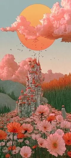 Künstlerische rosa Blumenlandschaft mit schwebender Sonne und verträumter Fantasy Atmosphäre.