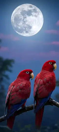 Zwei rote Papageien vor hellem Vollmond in mystischer vogel wallpaper Nachtatmosphäre in 4K.