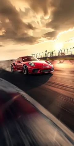 Roter Porsche 911 GT3 driftet auf einer Rennstrecke mit Rauch bei Sonnenuntergang