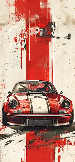 Künstlerische Illustration eines roten klassischen Porsche 911 Sportwagens mit Farbspritzern als Handy Hintergrundbild.