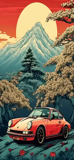 Illustrierter roter klassischer Porsche vor einem majestätischen Berg und einer großen gelben Sonne im Retro-Stil als Handy Hintergrundbild.