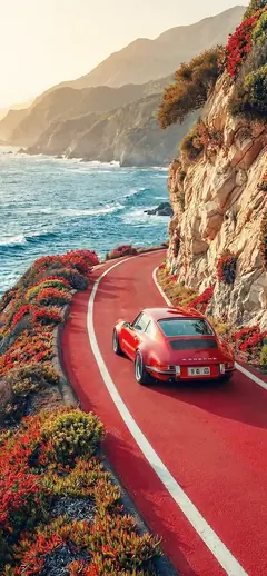Ein klassischer roter Porsche 911 fährt auf einer kurvigen roten Küstenstraße neben dem blauen Ozean und felsigen Klippen im Sonnenuntergang als Handy Hintergrundbild.