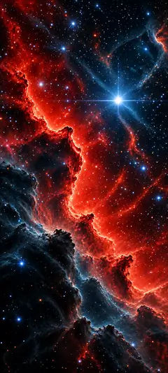Roter und blauer Weltraumnebel mit leuchtendem Stern und dichtem Sternenhimmel als kosmisches Hintergrundbilder