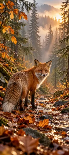Rotfuchs auf einem herbstlichen Waldweg mit orangefarbenem Laub, Nadelbäumen und goldenem Sonnenlicht als Tiere Hintergrundbild