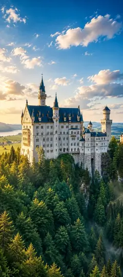 Schloss Neuschwanstein über einem dichten grünen Wald vor blauem Himmel und warmem Abendlicht als Handy Hintergrundbild