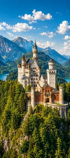 Schloss Neuschwanstein in Bayern vor hohen Alpen, grünen Wäldern und blauem Himmel als Handy Hintergrundbild