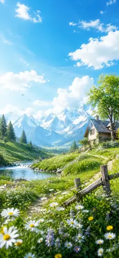 blühende alpenwiese mit berghütte und bergpanorama als schöne hintergrundbilder und natur hintergrundbilder in 4k.