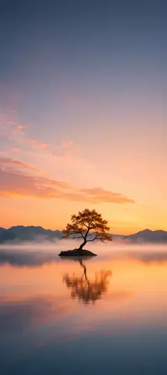 einsamer baum auf kleiner insel in einem spiegelnden see bei sonnenaufgang als schöne hintergrundbilder und natur hintergrundbilder in 4k.