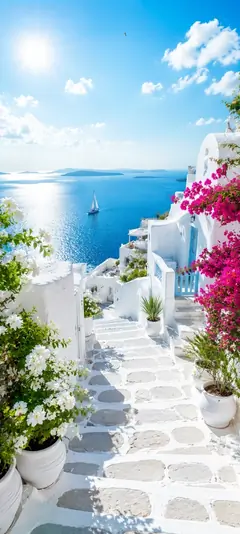 weiße häuser und blühende bougainvilleen mit blick auf das blaue mittelmeer als schöne hintergrundbilder und sommer hintergrundbilder in 4k.