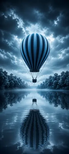 heißluftballon über einem spiegelnden see mit dramatischem wolkenhimmel als schöne hintergrundbilder und coole hintergrundbilder in 4k.