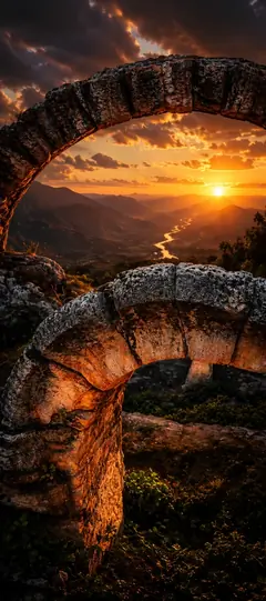 antike steinbögen vor goldenem sonnenuntergang und berglandschaft als schöne hintergrundbilder und kostenlose handy hintergrundbilder in 4k.