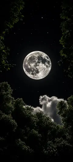 Schwarz Hintergrund Handy mit hellem Mond dunklem Nachthimmel Wolken und Bäumen als elegantes Wallpaper