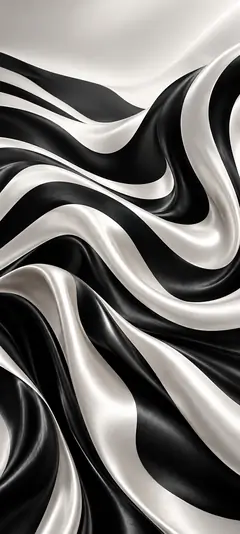 Abstraktes schwarz-weißes Hintergrundbild mit geschwungenen, glänzenden Wellen, die an gefalteten Satin erinnern.
