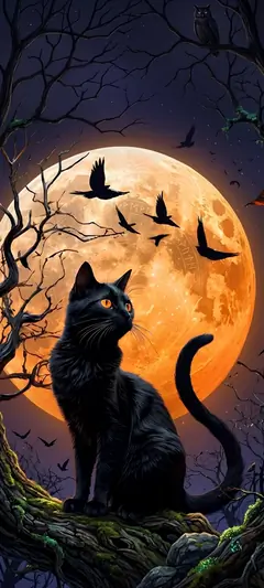 Schwarze Katze vor großem orangefarbenem Vollmond mit mystischer Nacht- und Halloweenstimmung.