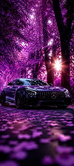 Schwarzer Mercedes AMG Sportwagen auf einer Waldstraße mit violetten Blättern, Sonnenstrahlen und mystischer Lichtstimmung als vertikales Handy Wallpaper