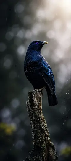 Schwarzer Vogel auf einem Baumstumpf im Regen mit unscharfem Waldhintergrund als 4K Smartphone Wallpaper