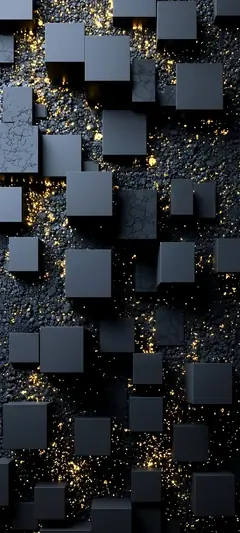 Modernes abstraktes Handy Hintergrundbild mit schwarzen 3D Würfeln und goldenen Glitzereffekten.