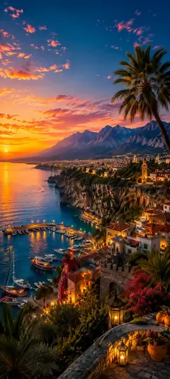 mediterrane küstenstadt mit palmen und sonnenuntergang als sommer hintergrundbilder und kostenlose hintergrundbilder 4k für iphone.