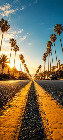 sonnige palmenstraße mit goldener straßenlinie als sommer hintergrundbilder und schöne hintergrundbilder in 4k.