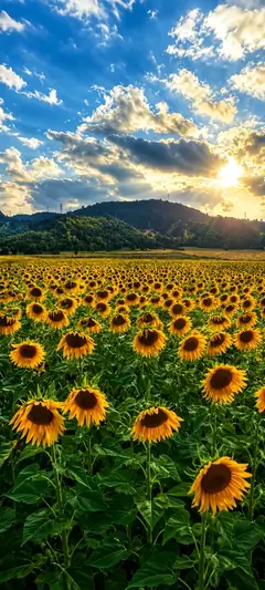 Großes Sonnenblumenfeld unter blauem Himmel und Abendsonne in lebendiger blumen hintergrundbilder Sommerlandschaft in 4K.