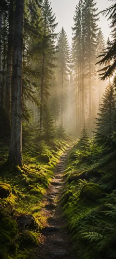 Sonnenlicht fällt zwischen hohen Tannen auf einen grünen Waldweg mit Moos und Farnen
