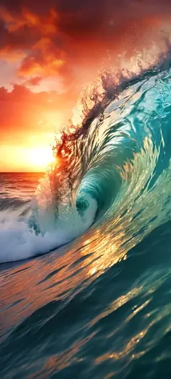 Große Ozeanwelle bei Sonnenuntergang mit goldenem Licht und türkisblauem Wasser.