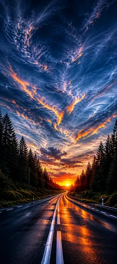 Gerade Landstraße bei Sonnenuntergang mit dramatischem Himmel und leuchtenden Wolken als 4K Smartphone Wallpaper