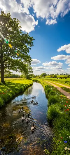Klarer Fluss zwischen grünen Wiesen und blauem Himmel mit friedlicher Naturkulisse.