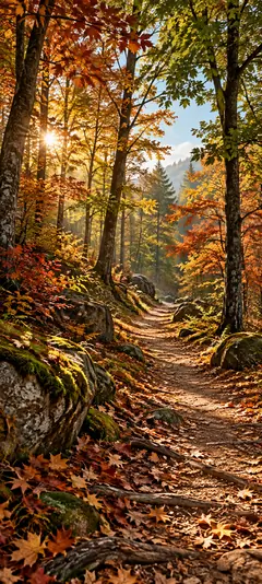 Sonniger Wanderweg durch einen herbstlichen Wald mit orangefarbenem Laub, grünen Bäumen und warmen Sonnenstrahlen