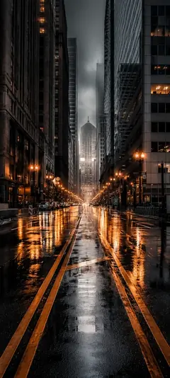 regennasse straße zwischen hohen gebäuden mit leuchtenden spiegelungen als stadt hintergrundbilder und schöne hintergrundbilder in 4k.