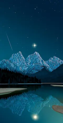 Digitale Illustration einer nächtlichen Berglandschaft mit einem leuchtenden Stern und einer Sternschnuppe, die sich im Wasser spiegelt, 4K.