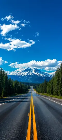 endlose landstraße durch grüne wälder mit schneebedecktem berg als straßen hintergrundbilder und schöne hintergrundbilder in 4k.