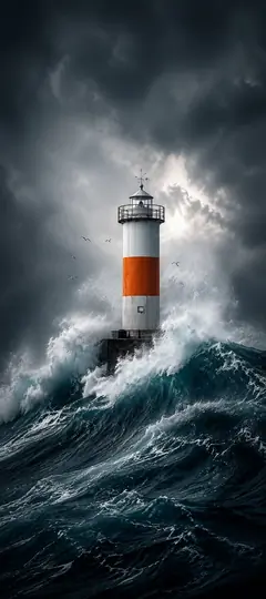 Leuchtturm im Sturm auf hoher See mit riesigen Wellen und dunklem Himmel als 4K Handy Hintergrundbild
