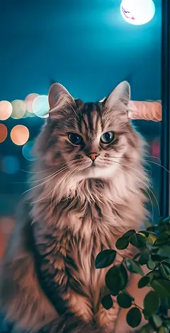 Süße Katze am Fenster bei Nacht mit Mondlicht