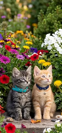 Süßes Katzen Handy Hintergrundbild mit zwei kleinen Katzenbabys in bunter Naturumgebung.