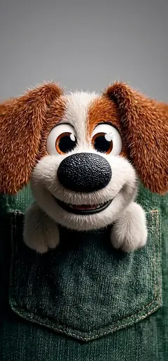 Niedliches Hund Handy Hintergrundbild mit flauschigem Cartoon Hund in einer Jeans-Tasche.