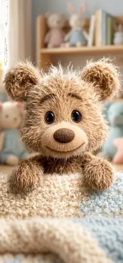 Niedliches Teddybär Handy Hintergrundbild mit flauschigem Kuscheltier und gemütlicher Zimmeratmosphäre.