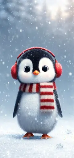 Niedliches Winter Handy Hintergrundbild mit kleinem Pinguin, Schal, Ohrenschützern und Schneefall.