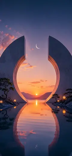 surreales fantasy hintergrundbilder mit futuristischem portal, spiegelndem wasser, sonnenuntergang und modernem 4k wallpaper design für smartphones und hintergrundbilder.