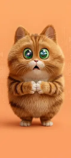 Flauschige kleine Cartoon-Katze mit großen grünen Augen auf warmem Hintergrund.